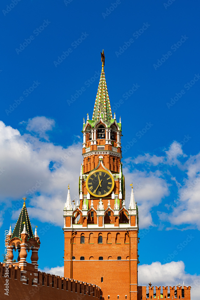 Moscow, Russia - August 19, 2023: Spasskaya Tower of the Moscow Kremlin