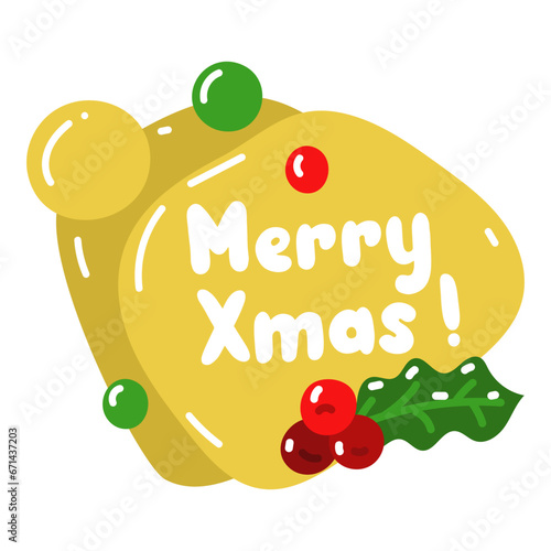 Vector conversational yellow ball with the inscription merry Christmas with mistletoe isolated on a white background. New Year's greetings. Design of Christmas greeting card, banner, poster, stickers