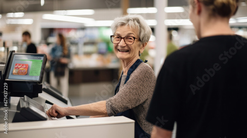 A happy supermarket cashier at work