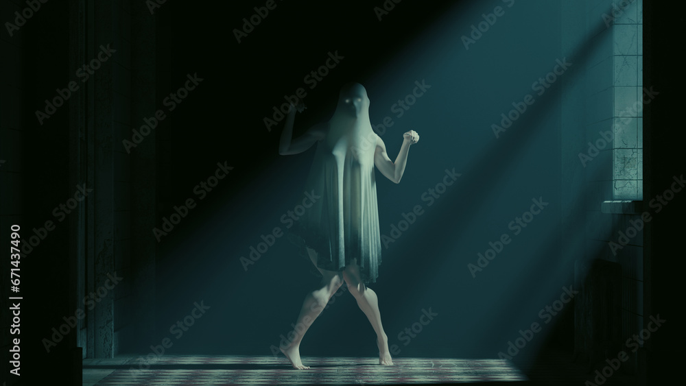 Ghostly figure ghost asylum abandoned moonlight mist haunting paranormal woman horror Halloween 3d illustration render digital rendering - obrazy, fototapety, plakaty 