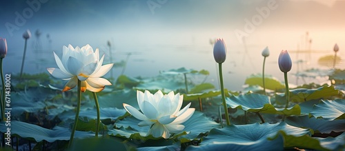 Morning mist enhances the beauty of a white lotus