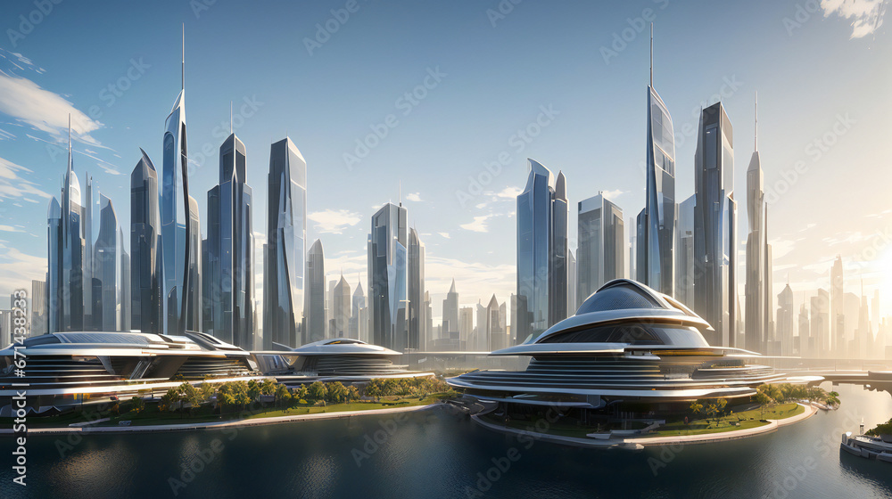 futuristic city with skyscrapers. generative ai - obrazy, fototapety, plakaty 