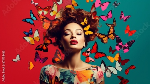 Surrealistic beauty art of woman in red and blue background with colorful butterflies around the face © C R