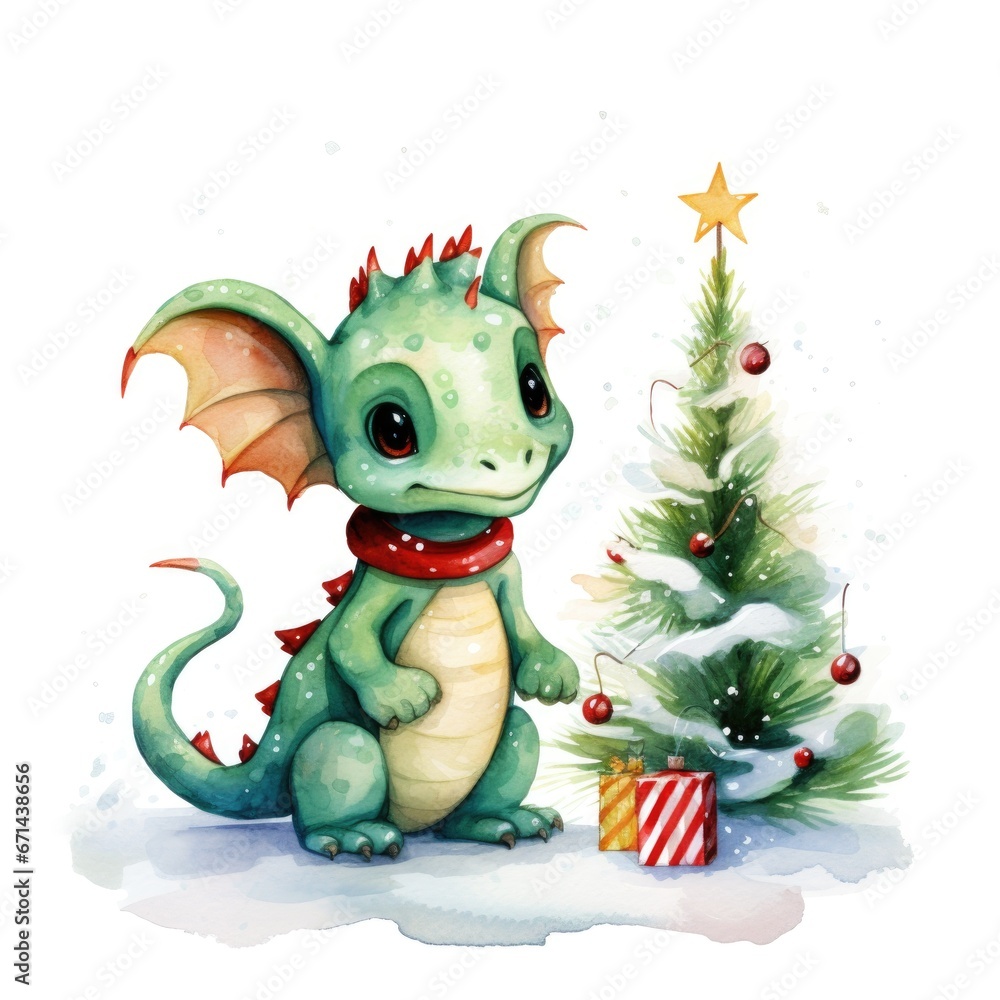 Fototapeta premium Fantasy watercolor christmas dragon with gift boxes. Symbol of the year 2024. Generative AI