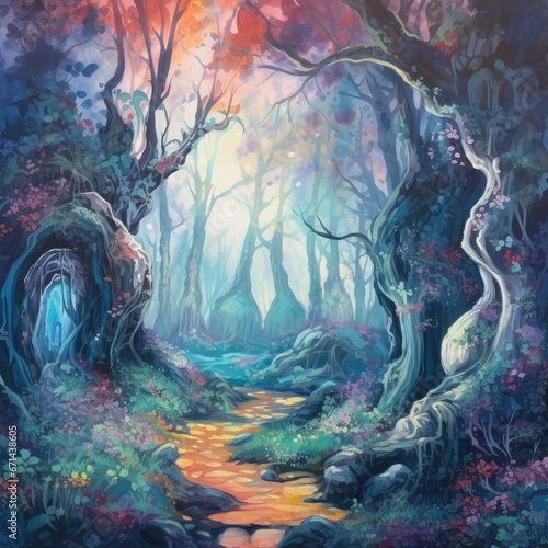 Magic forest with a river and trees Digital watercolor painting
