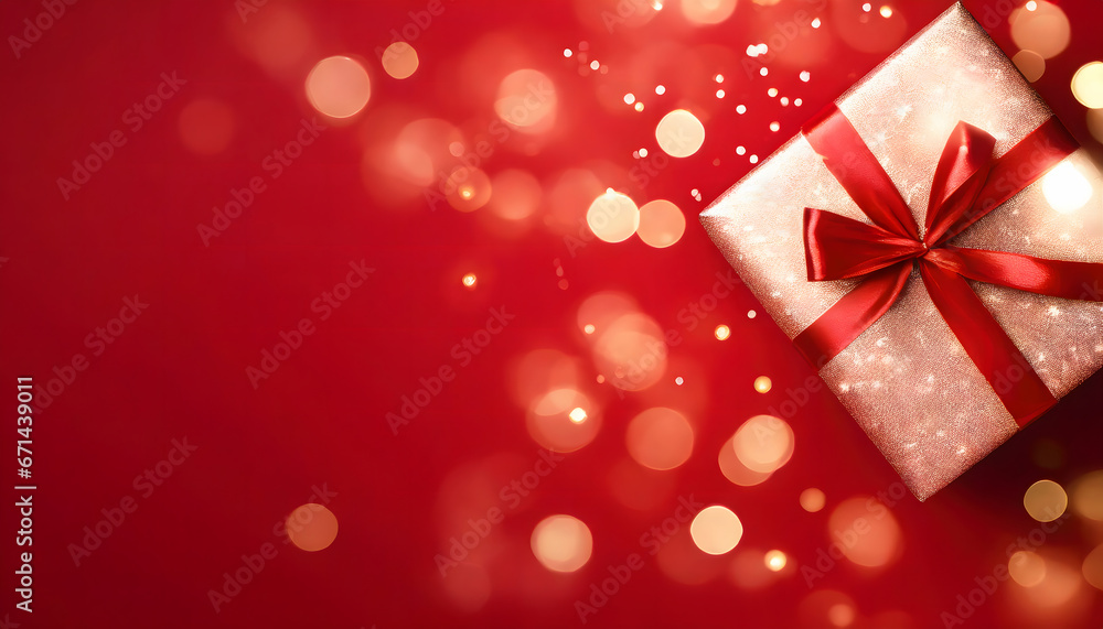 Obraz premium christmas gift wallpaper in red plus bokeh with copy space