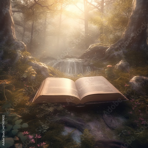 Magical forest landscape with magic book and waterfall in the forest