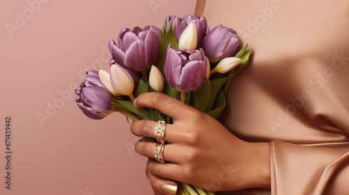 cropped view of african american woman holding bouquet of purple tulips isolated on pink
