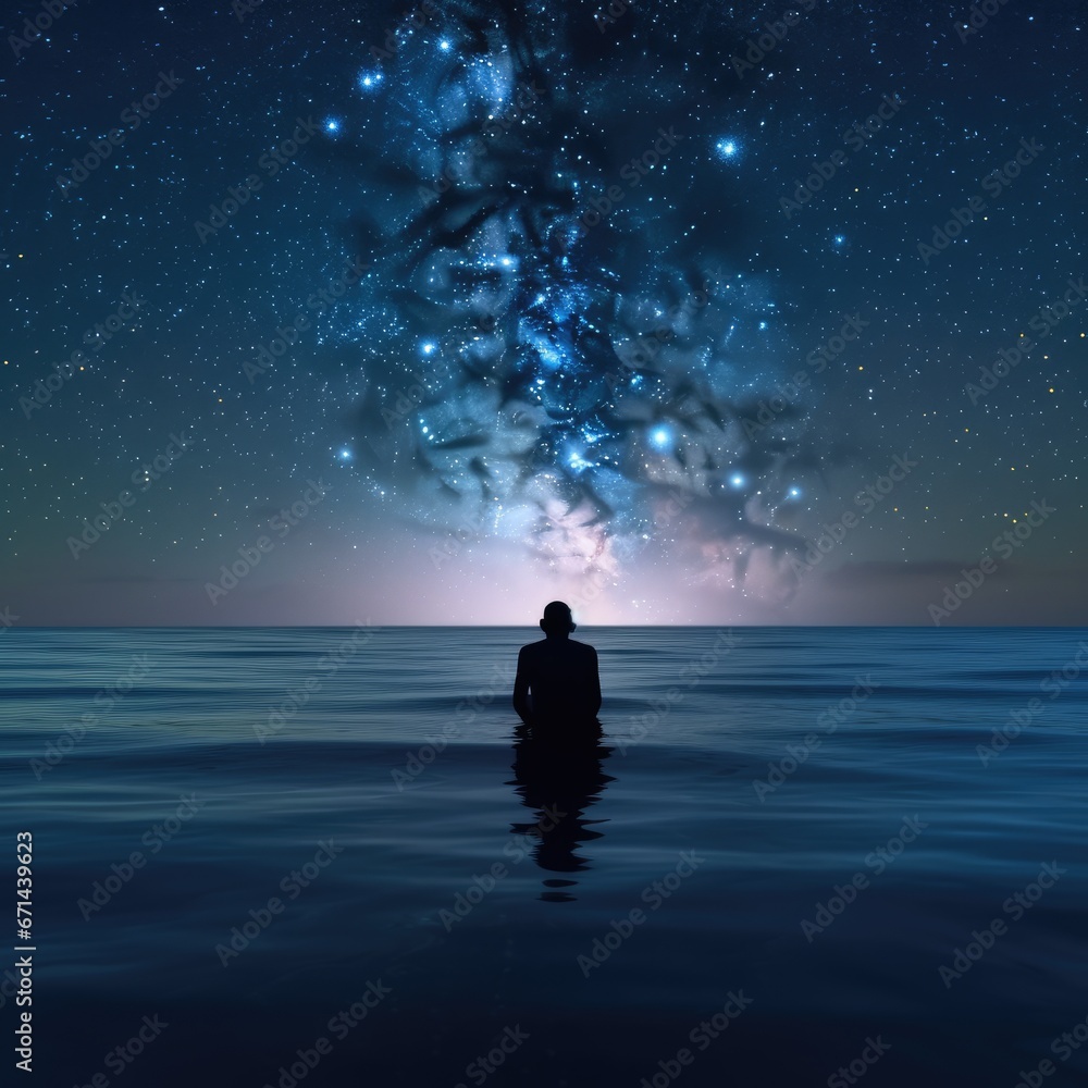 Man in the sea looking at the starry sky. 3D rendering