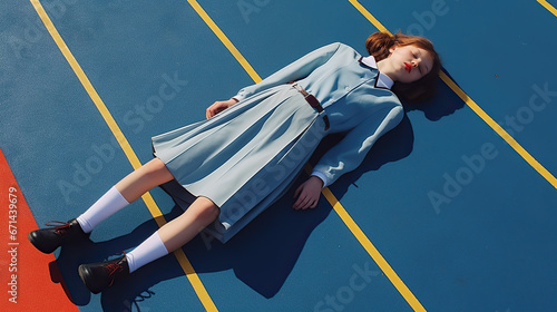 Beautiful young redhead girl in blue coat lying on the playground.