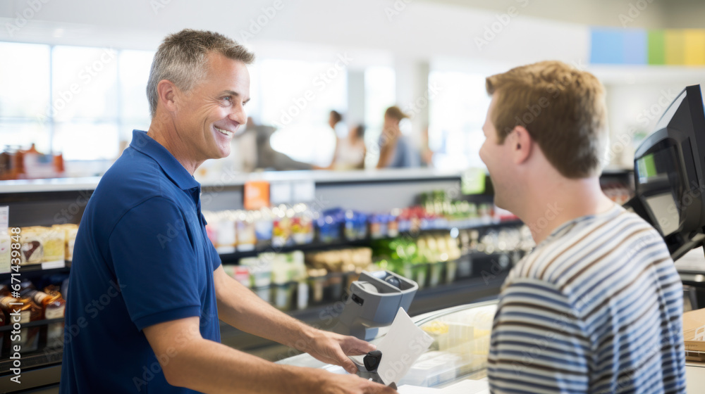 Fototapeta premium A happy supermarket cashier at work