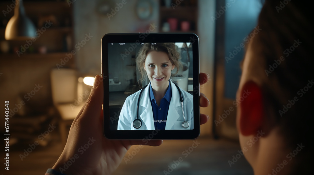 Mano izquierda sujetando una tablet manteniendo una videollamada con una doctora en linea, fondo de un apartamento.