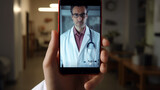 Mano izquierda sujetando un smartphone en una videollamada con un doctor con bata blanca, fondo de una casa desenfocada.
