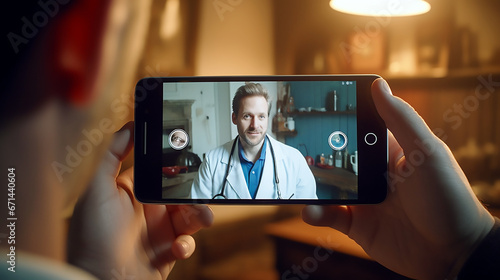 Manos sujetando un smartphone mientras mira un video con un doctor en casa. Persona viendo una serie en un smartphone donde sale un medico. photo