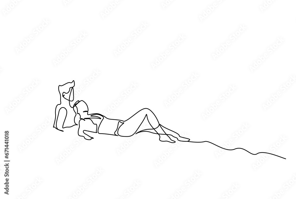 young couple in love vacation seaside beach sitting together relax concept line art design