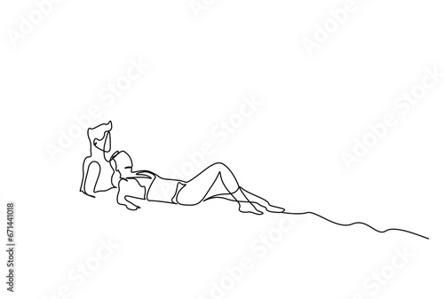 young couple in love vacation seaside beach sitting together relax concept line art design
