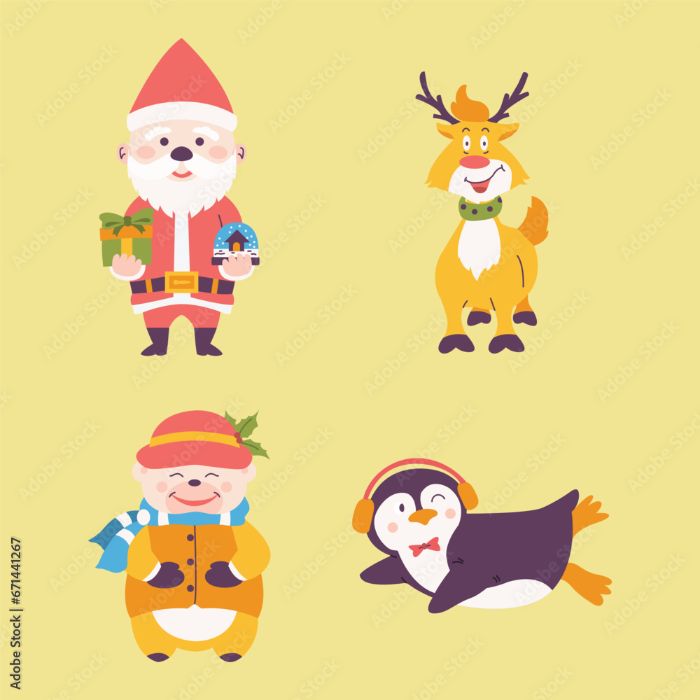 Christmas Vector Characters Set. Penguin, Santa Claus, Reindeer, Bear. cute christmas character, christmas element, christmas collections. Vector Illustrations	
