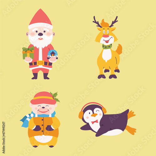 Christmas Vector Characters Set. Penguin, Santa Claus, Reindeer, Bear. cute christmas character, christmas element, christmas collections. Vector Illustrations   © FallenGraphic