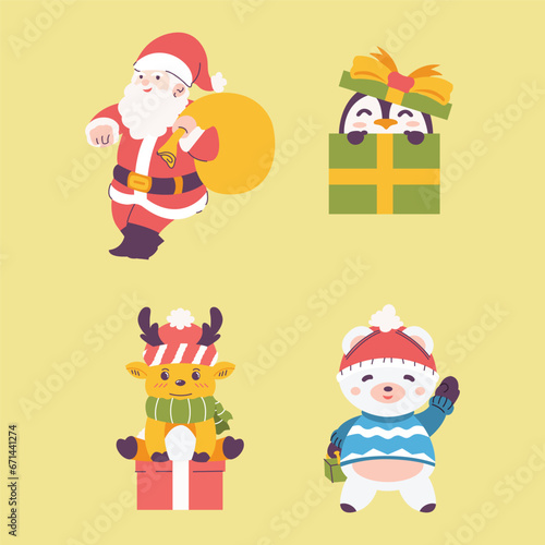 Christmas Vector Characters Set. Penguin  Santa Claus  Reindeer  Bear. cute christmas character  christmas element  christmas collections. Vector Illustrations  
