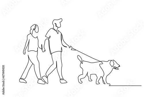 woman man couple golden dog walking together outside in the park line art design