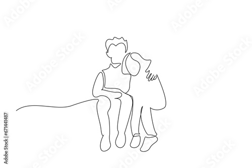 brother sister hug sad support hopeless two children line art design