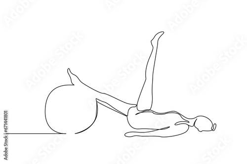 young athlete woman pilates ball balance sports health pose full body length line art design