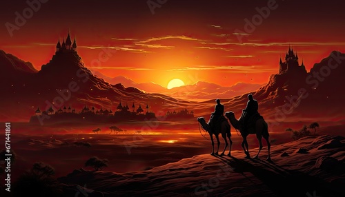 Capturing the Beauty of Two Arab Men Riding Camels in the Night