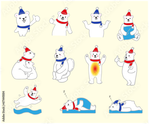 かわいいキャラクター　シロクマのイラスト　親子　お昼寝　遊ぶ　アイコンセット　帽子　マフラー