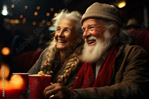 senior couple with popcorn at the cinema