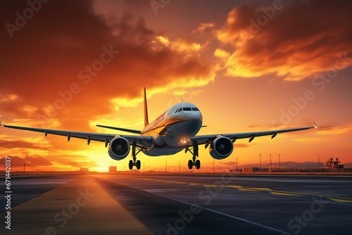 airplane landing at sunset © BetterPhoto
