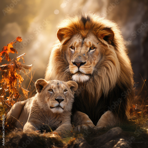 Lion and lion cub in the forest