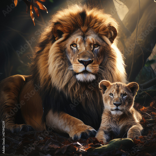 Lion and lion cub in the forest © somruethai