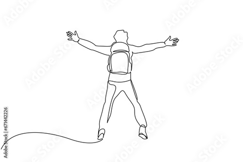 young male person backpack nature jumping rejoicing back view lifestyle line art design