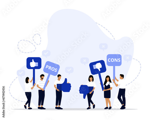 Pros and cons concept illustration. Suitable for landing page, ui, web, App intro card, editorial, flyer, 
and banner.