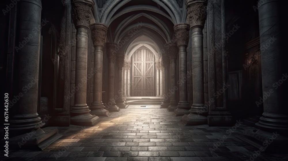 Mysterious dark corridor with columns and doors