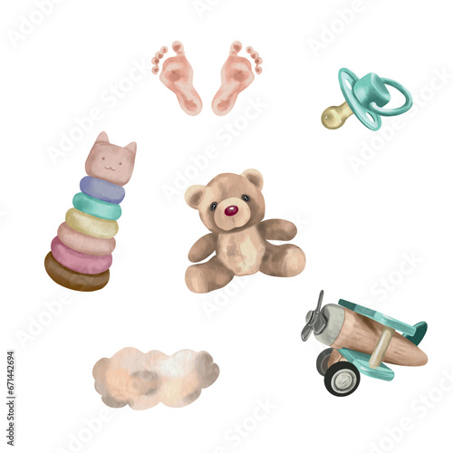 Toys, teddy bear, airplane, pyramid, prints of children's feet. Vector illustration. Watercolor. Greeting cards, invitations, newborn baby shower.