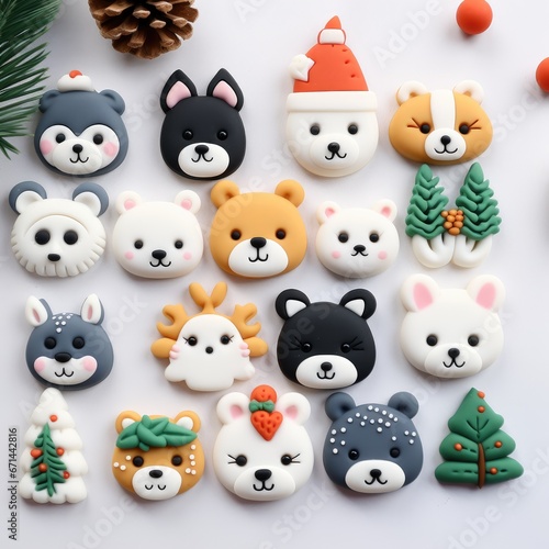 Christmas cookies in the shape of different funny animals. holiday sweets small figurines of animals, background flat top view