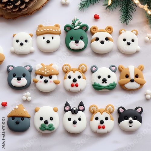 Christmas cookies in the shape of different funny animals. holiday sweets small figurines of animals, background flat top view