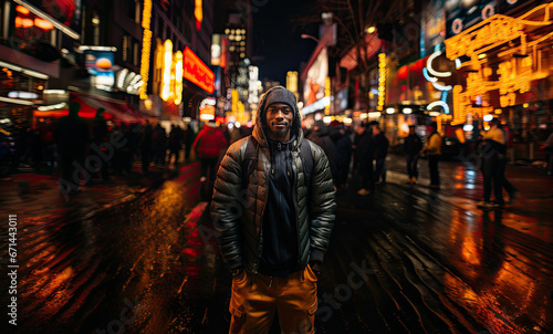 African American boy in urban clothes walking at night in the streets of a city. Concept of urban people.