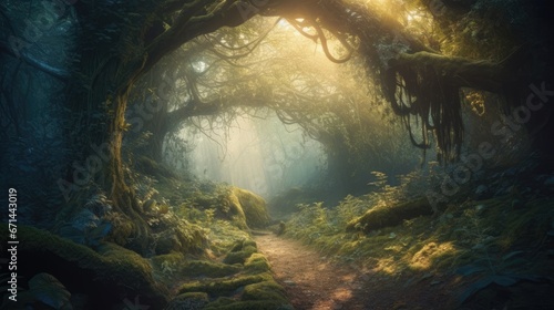 Mysterious and mysterious forest with tree trunks, fog and sunlight