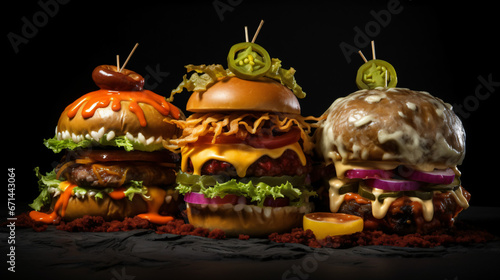 Halloween monster hamburgers scene against a black background