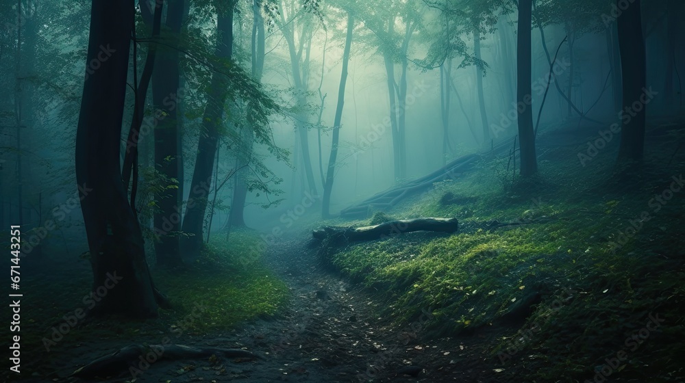 Fototapeta premium Mysterious dark forest with fog and footpath Fairy autumn landscape