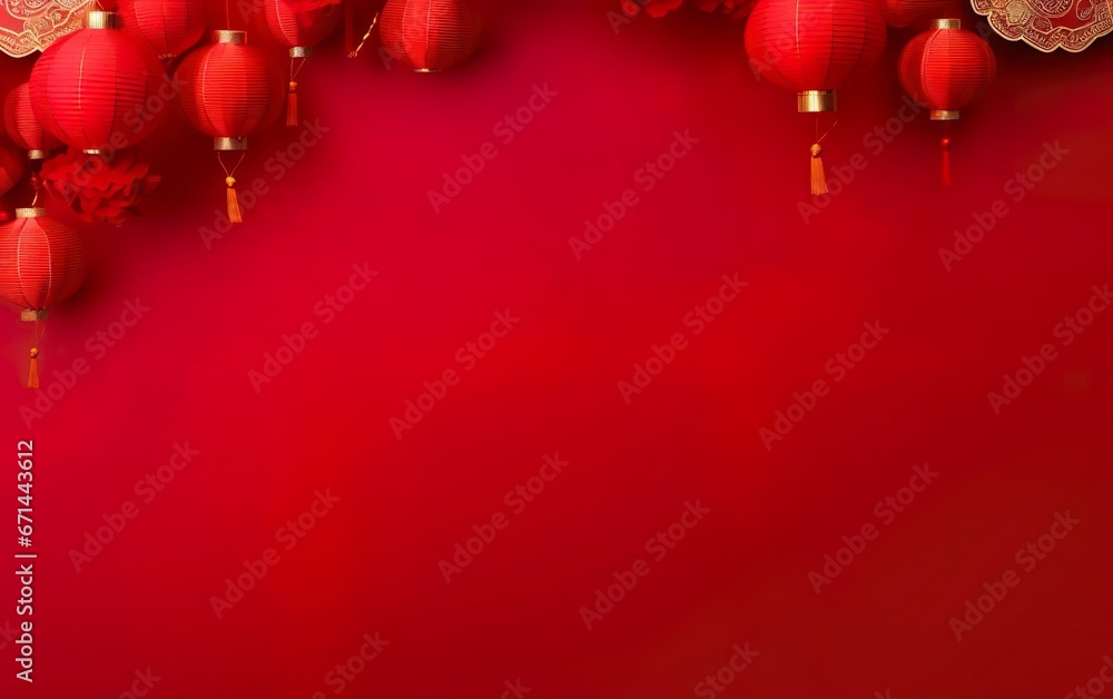 Spring Festival Poster. Banner template with hanging lanterns. Chinese New Year decorations on bright red background, copy space. Spring Festival Poster. Banner template with hanging lanterns. Chinese New Year decorations on bright red background, copy space.