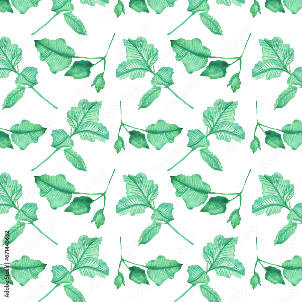 Seamless pattern of elements with spring leaves . Hand drawn watercolor illustration isolated on white background Seamless pattern of elements with spring leaves . Hand drawn watercolor illustration isolated on white background