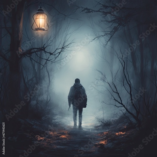 Mysterious man with lantern in the dark forest