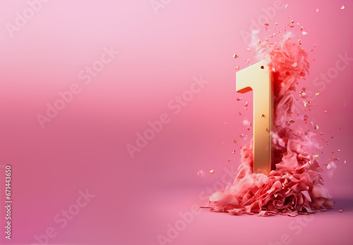 Golden number one with confetti and copy space. 1 Year Old. First Birthday. Girls party. Baby girl celebrates. Special event. Anniversary of the beauty company, women's business. photo