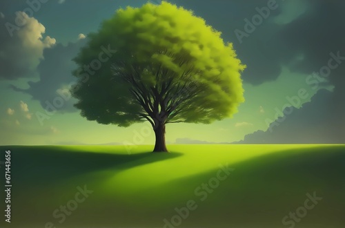Nature Background - landscape of alone tree, vivid and serene, basks in cinematic light amidst a lush. 