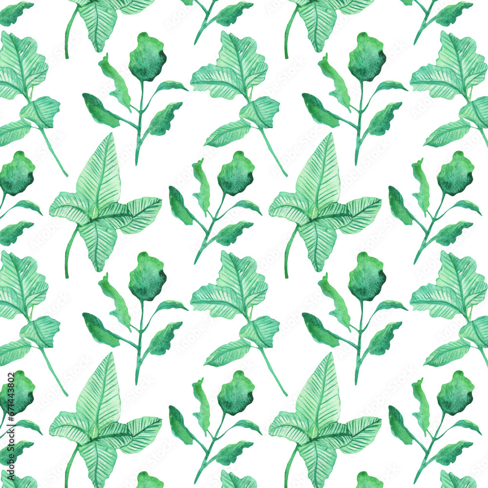 Seamless pattern of elements with spring leaves . Hand drawn watercolor illustration isolated on white background