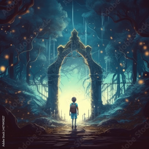 Mysterious scene with a boy standing in front of an entrance to a fantasy forest