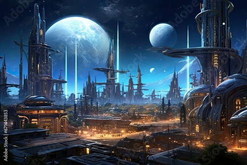 Fantasy alien city, 3D illustration, alien planet landscape. Space game background, Epic panorama scene vision with epic celestial city in the galaxy, sci-fi city photo